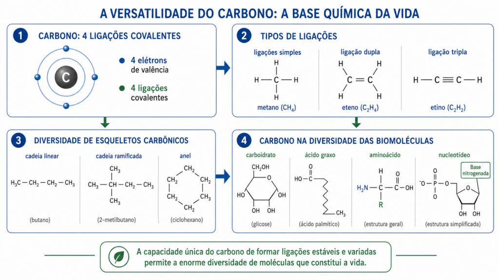 Diagrama mostrando o carbono com quatro elétrons de valência, tipos de ligações covalentes e exemplos de esqueletos carbônicos e biomoléculas.