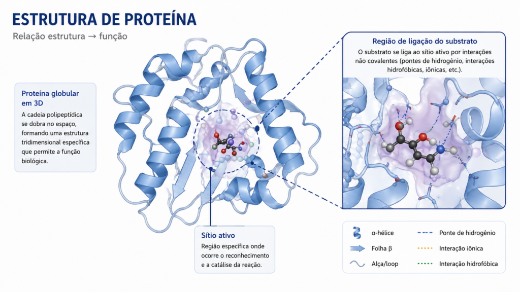Ilustração de uma proteína globular em estrutura tridimensional com sítio ativo destacado e interação com substrato.