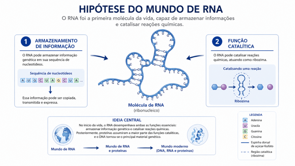 Diagrama da hipótese do mundo de RNA mostrando o RNA como molécula capaz de armazenar informação genética e catalisar reações químicas.