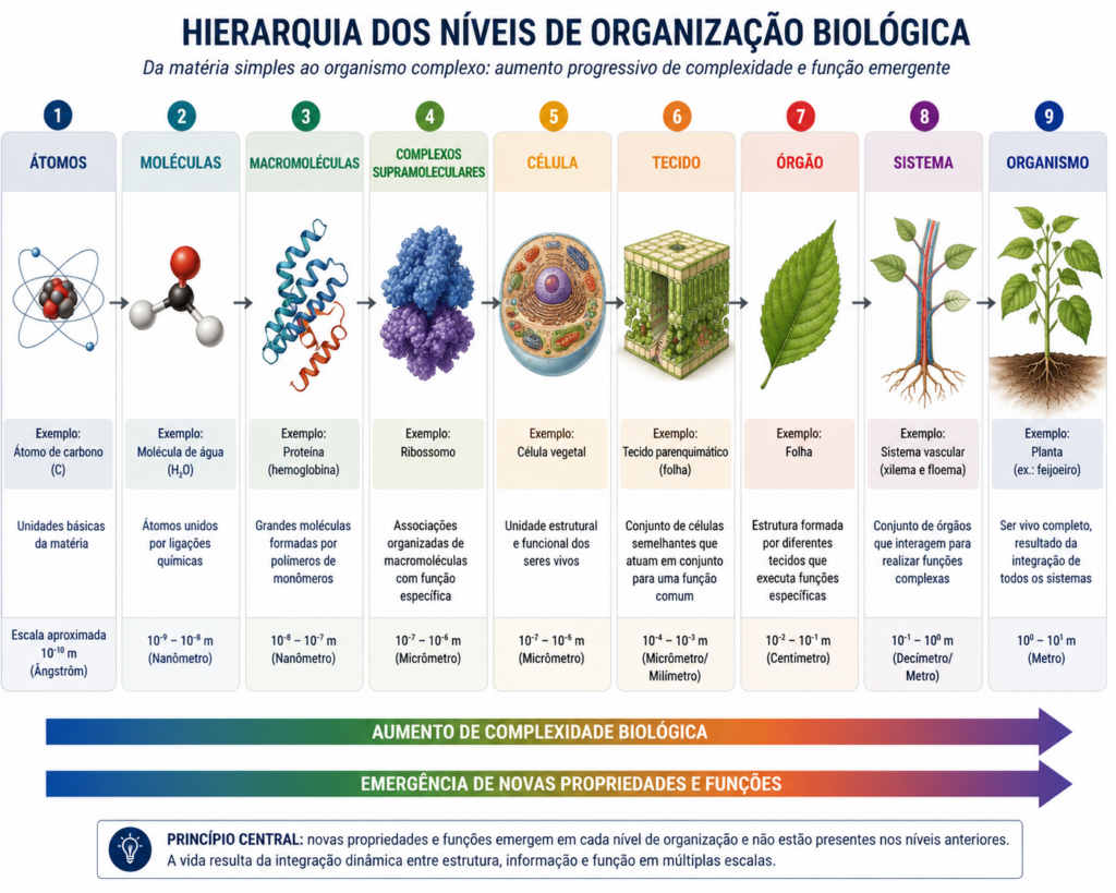Figura 1. Hierarquia dos níveis de organização biológica.
A matéria viva organiza-se em níveis progressivos de complexidade, desde átomos e moléculas até organismos completos. Cada nível apresenta propriedades emergentes que não estão presentes nos níveis anteriores, resultando na integração estrutural e funcional característica dos sistemas biológicos.