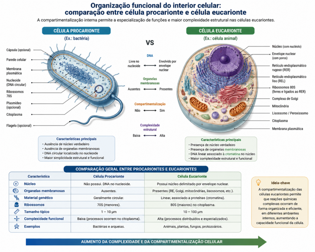 Figura 2. Organização funcional do interior celular.
Comparação entre células procariontes e eucariontes, destacando o grau de compartimentalização e a organização funcional interna. Células procariontes apresentam estrutura mais simples, sem organelas membranosas, enquanto células eucariontes possuem compartimentalização interna que permite a especialização de funções metabólicas e maior complexidade estrutural.