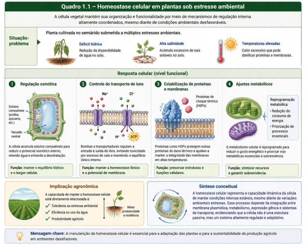 Quadro 1.1. Homeostase celular em plantas sob estresse ambiental.
Exemplo aplicado que ilustra como células vegetais mantêm sua estabilidade funcional diante de condições adversas, integrando mecanismos de regulação osmótica, transporte de íons, estabilização estrutural e ajustes metabólicos, com impacto direto na adaptação e produtividade agrícola.