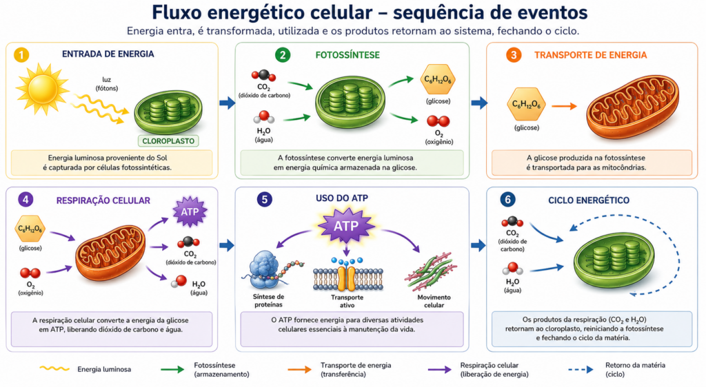 Figura 4. Fluxo energético celular representado em sequência de eventos.
A energia luminosa capturada na fotossíntese é convertida em energia química armazenada na glicose, posteriormente utilizada na respiração celular para a produção de ATP. Esse processo sustenta as atividades celulares e integra um ciclo contínuo entre entrada, transformação e utilização de energia nos sistemas biológicos.
