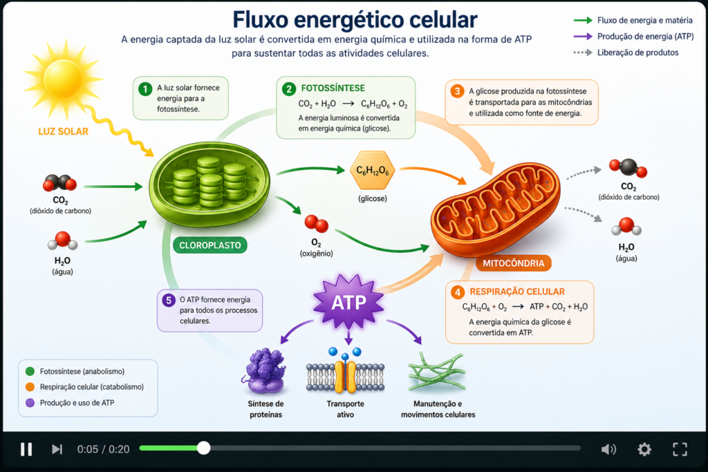 [Animação 1] Fluxo energético celular.
Representação dinâmica da entrada, transformação e utilização de energia nas células, integrando os processos de fotossíntese e respiração celular. A energia capturada da luz solar é convertida em energia química, armazenada em moléculas orgânicas e posteriormente utilizada na forma de ATP para sustentar as atividades celulares.