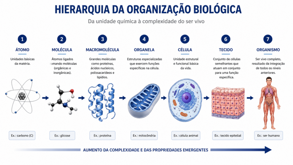 Diagrama mostrando a hierarquia da organização biológica, do átomo ao organismo, com setas indicando aumento de complexidade.