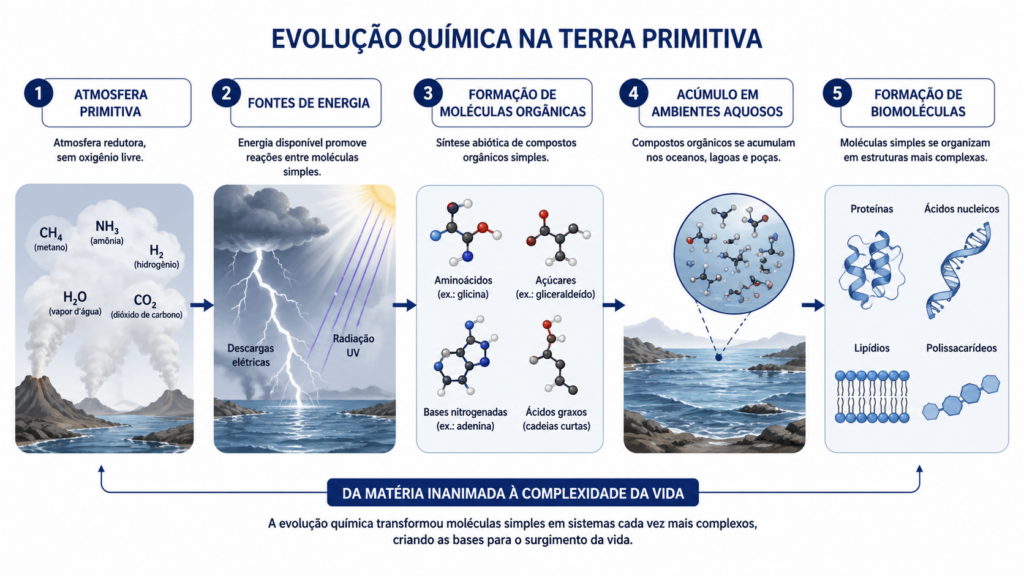 Diagrama da evolução química mostrando atmosfera primitiva, fontes de energia, moléculas orgânicas, ambientes aquosos e formação de biomoléculas.