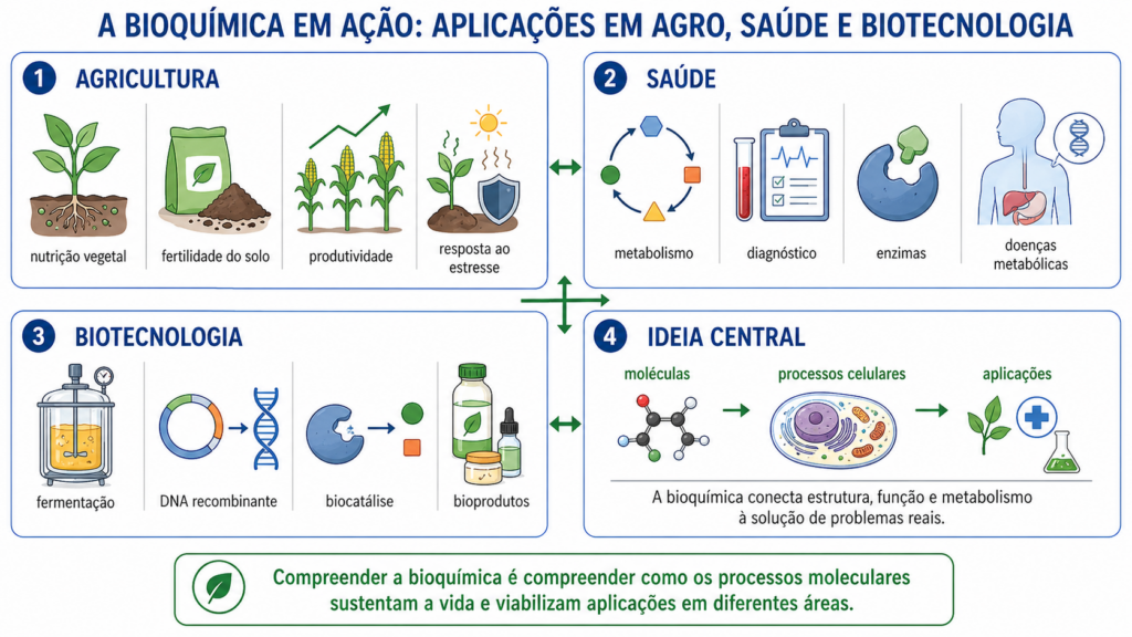 Diagrama mostrando aplicações da bioquímica em agricultura, saúde e biotecnologia, conectando moléculas, processos celulares e soluções práticas.
