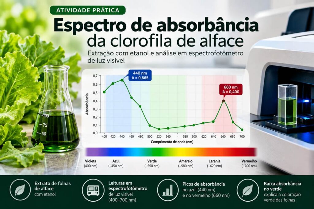 Ilustração didática de folhas de alface, extrato verde, espectrofotômetro e gráfico de absorbância da clorofila