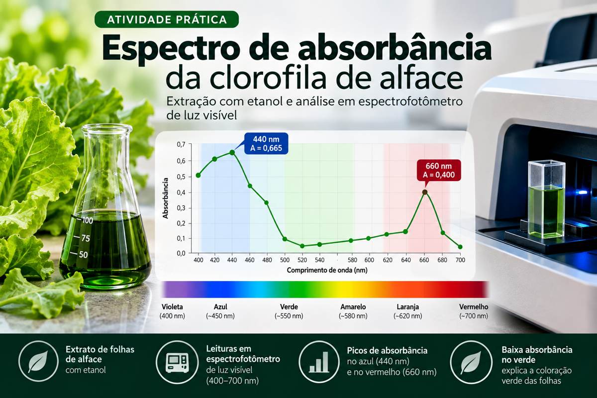 Ilustração didática de folhas de alface, extrato verde, espectrofotômetro e gráfico de absorbância da clorofila