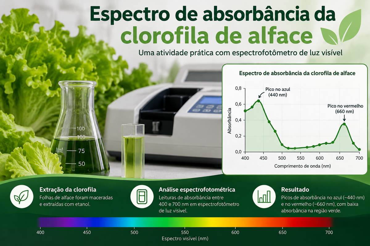 Ilustração de folhas de alface, extrato de clorofila em etanol, cubeta e espectrofotômetro de luz visível