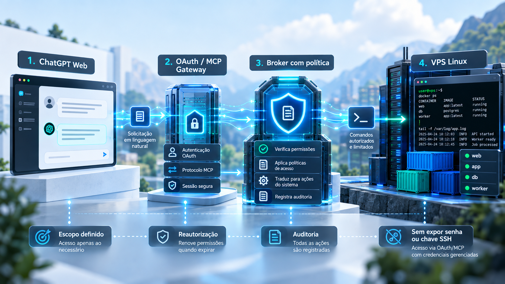 Arquitetura do MCP VPS Agent Gateway com ChatGPT Web, OAuth, MCP Gateway, Broker com política e VPS Linux